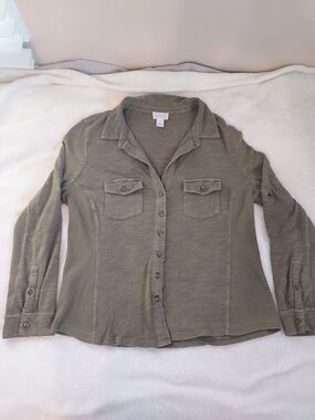 Caslon Olive Ribbed Crewneck Top Roll Tab Sleeves Gorpcore